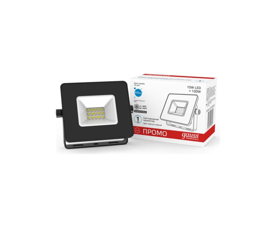 gauss LED პროჟექტორი 10W IP65 6500K შავი PROMO - 613100310P — პროჟექტორი